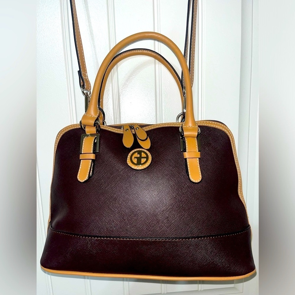 GIANI BERNINI Safiano Dome Satchel, Dark Brown and Tan, includes adjst. Strap